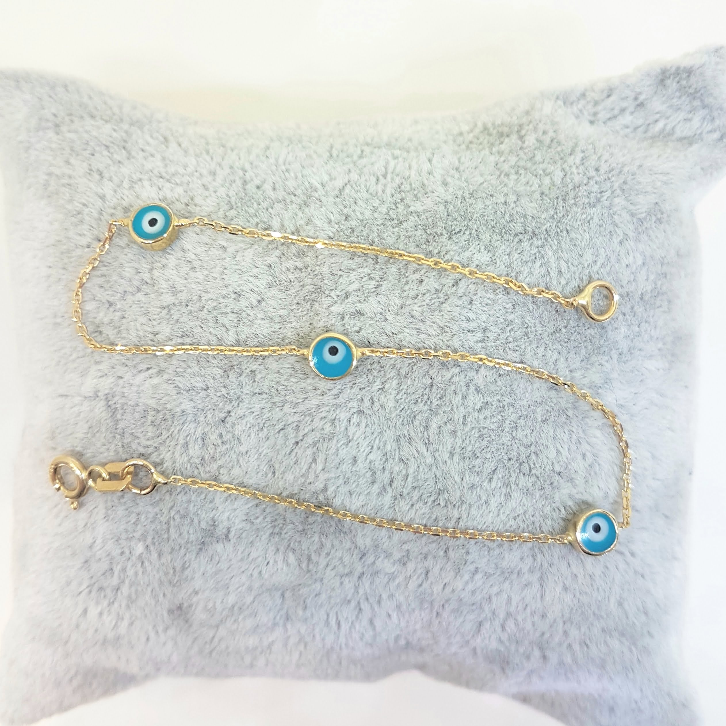 Evil Eye Bracelet Triple Lucky Luck Nazar Protection For Women Jewelry 14K Yellow Gold Charm Dainty Navy Blue or Turquoise